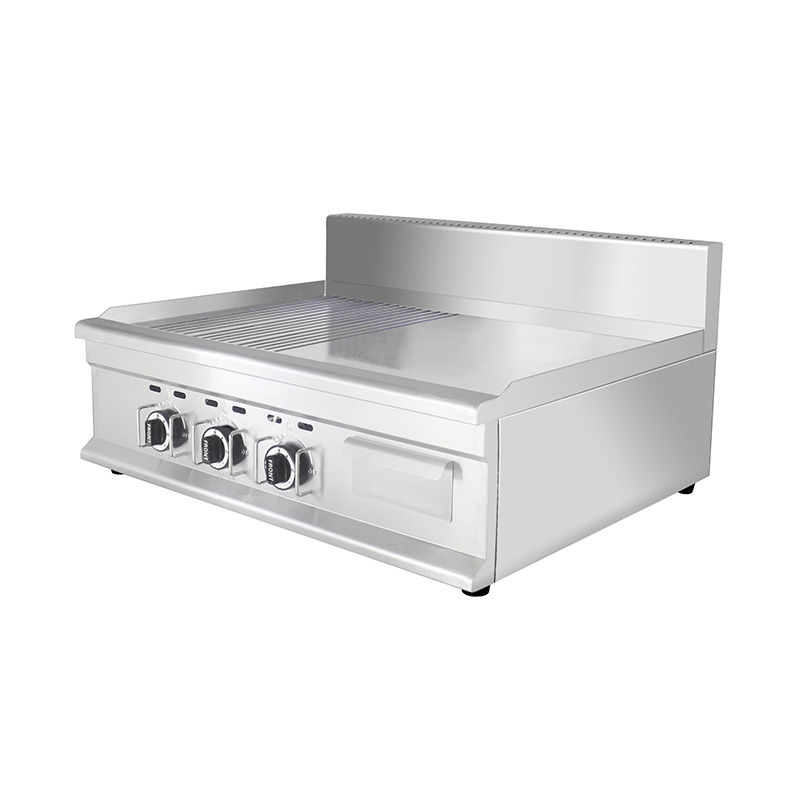 Halb glatte, halb gerillte Grillplatte aus Edelstahl mit Plattenmuster für den gewerblichen Gebrauch, Erdgas/Flüssiggas