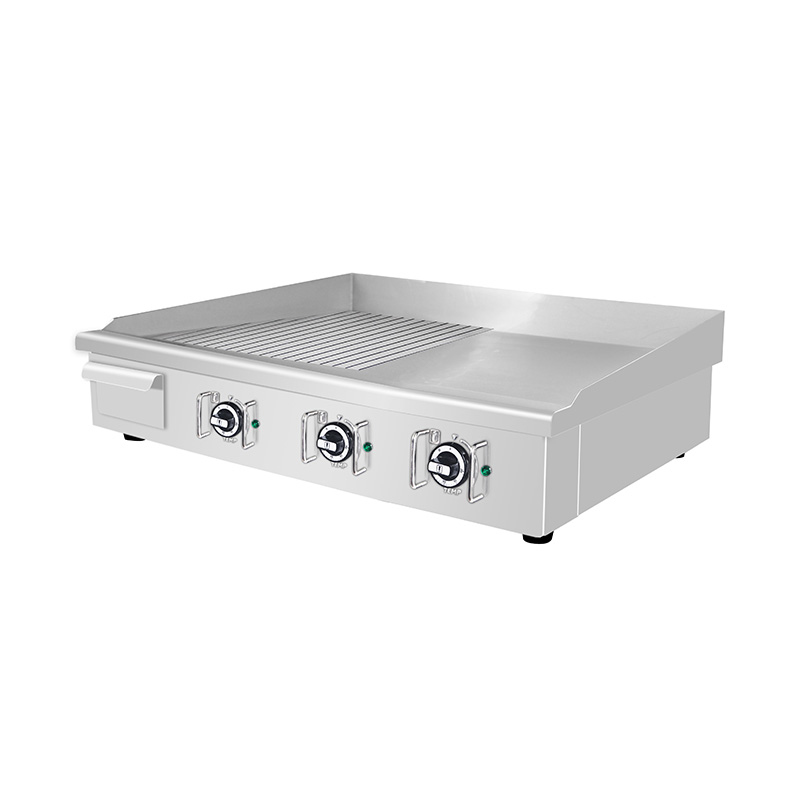 Halb glatte, halb gerillte elektrische Grillplatte aus Edelstahl mit Plattenmuster für gewerbliche Küchenarbeitsplatten