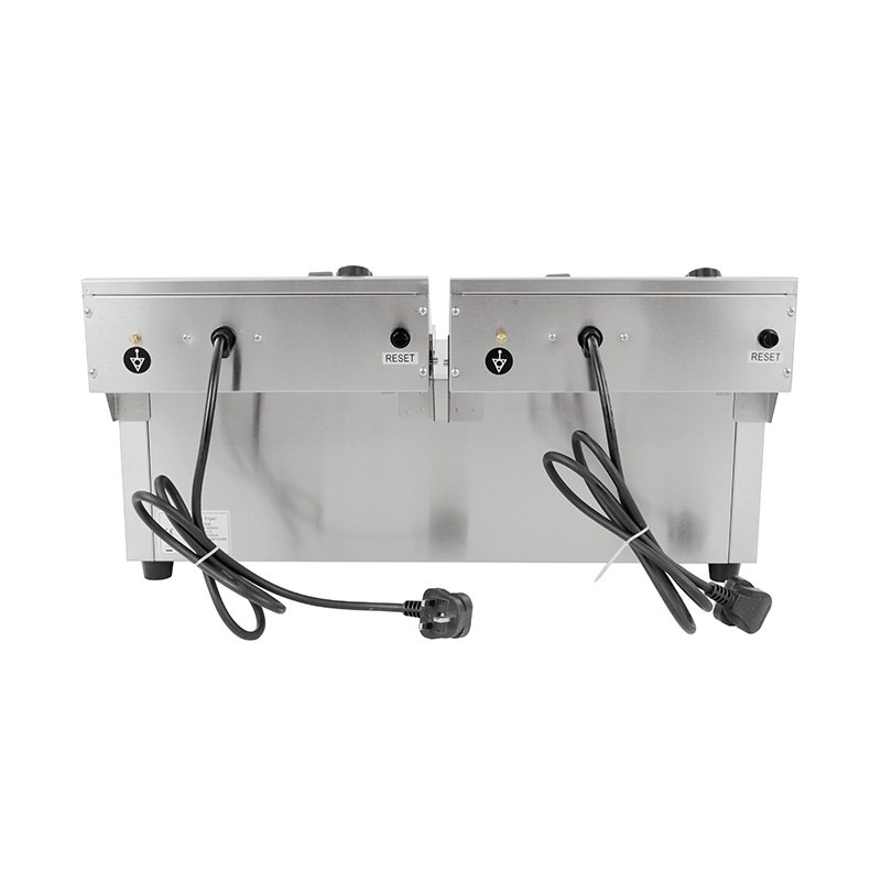 Elektrische, gewerbliche Arbeitsplatten-Fritteuse aus Edelstahl mit blauem Panel und Doppelkorb