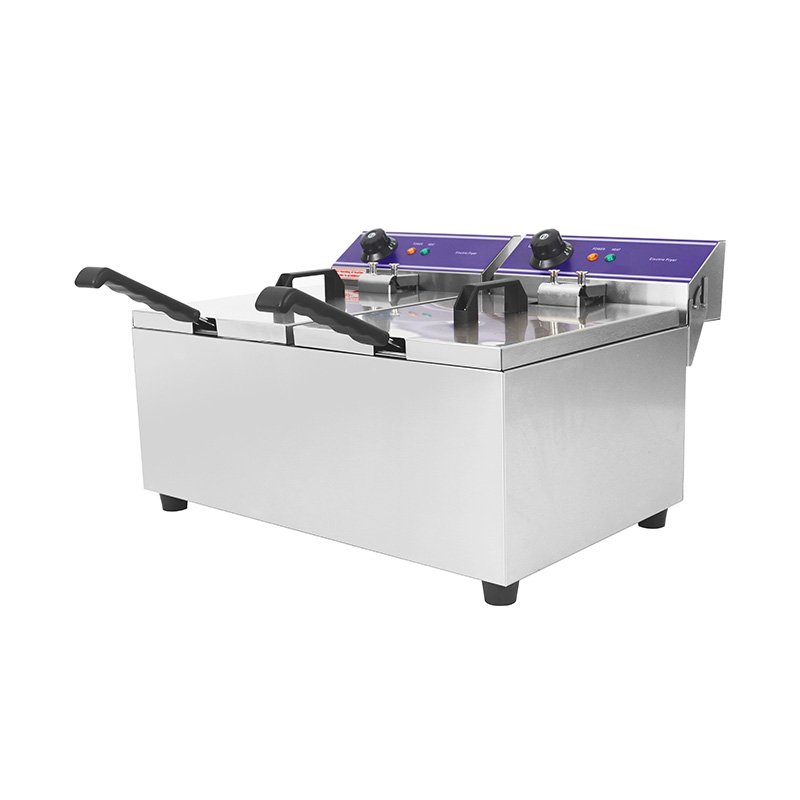 Elektrische, gewerbliche Arbeitsplatten-Fritteuse aus Edelstahl mit blauem Panel und Doppelkorb