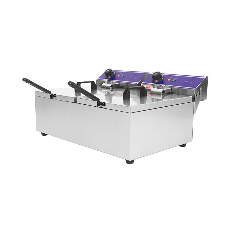 Elektrische, gewerbliche Arbeitsplatten-Fritteuse aus Edelstahl mit blauem Panel und Doppelkorb