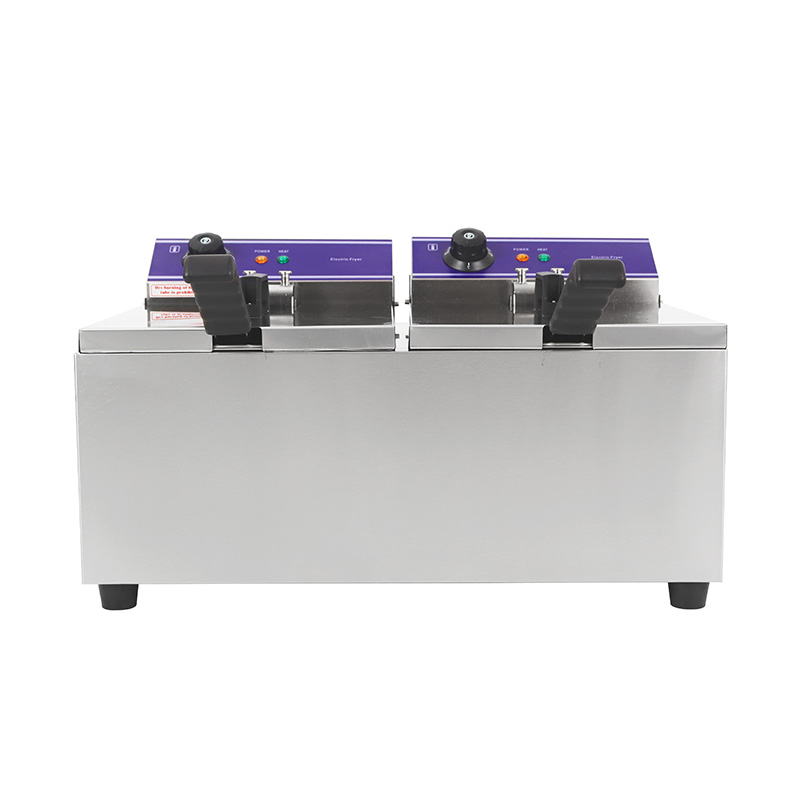 Elektrische, gewerbliche Arbeitsplatten-Fritteuse aus Edelstahl mit blauem Panel und Doppelkorb