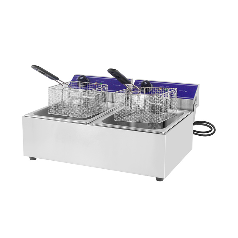 Elektrische, gewerbliche Arbeitsplatten-Fritteuse aus Edelstahl mit blauem Panel und Doppelkorb
