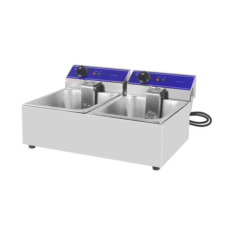 Elektrische, gewerbliche Arbeitsplatten-Fritteuse aus Edelstahl mit blauem Panel und Doppelkorb