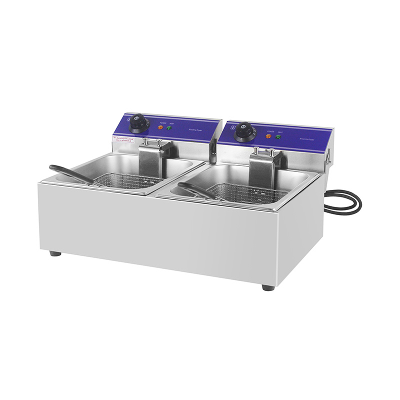 Elektrische, gewerbliche Arbeitsplatten-Fritteuse aus Edelstahl mit blauem Panel und Doppelkorb