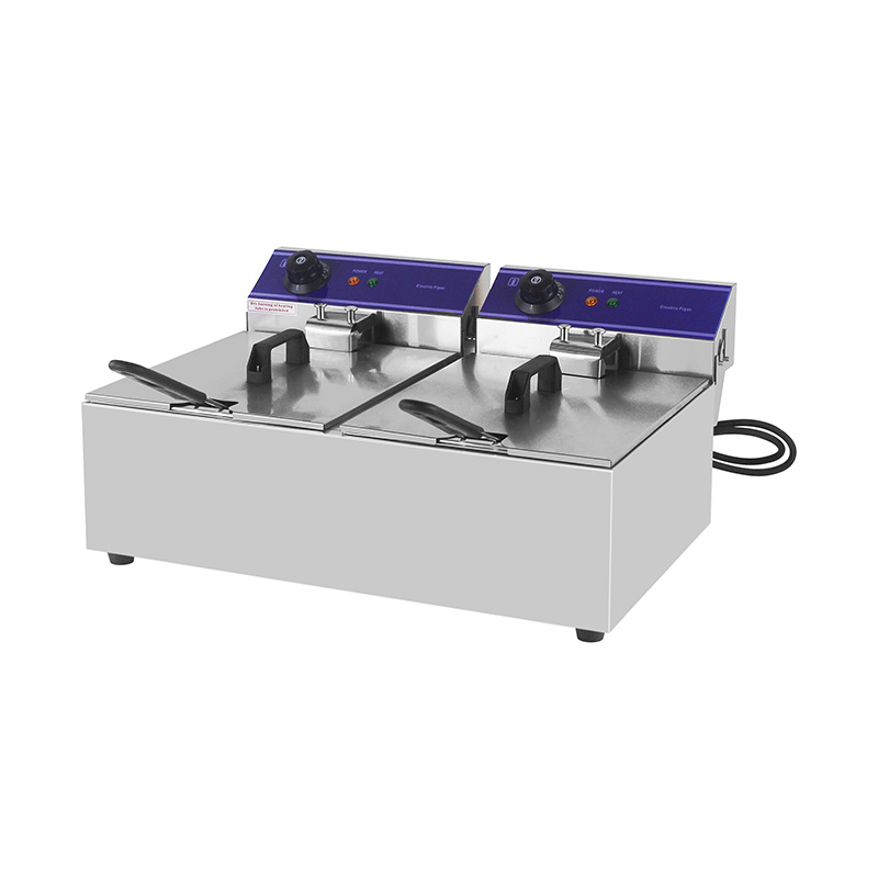 Elektrische, gewerbliche Arbeitsplatten-Fritteuse aus Edelstahl mit blauem Panel und Doppelkorb