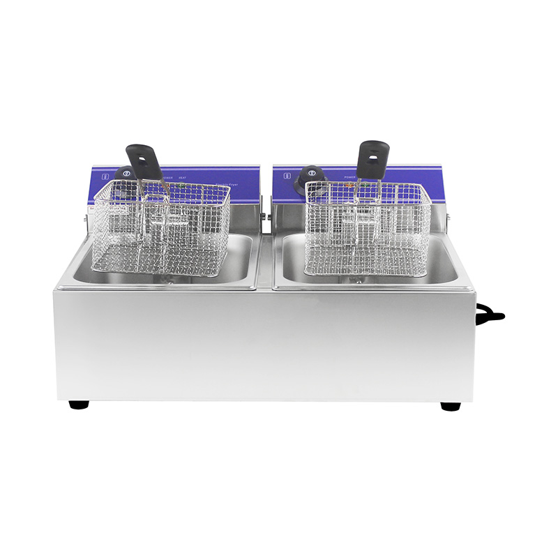 Elektrische, gewerbliche Arbeitsplatten-Fritteuse aus Edelstahl mit blauem Panel und Doppelkorb