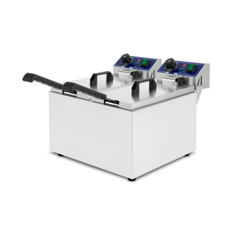 Elektrische, gewerbliche Arbeitsplatten-Fritteuse aus Edelstahl mit blauem Panel und Doppelkorb