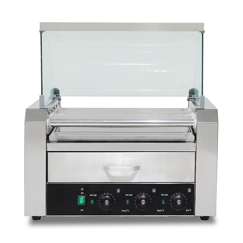Elektrische Hotdog-Grillmaschine aus Edelstahl mit Glasabdeckung